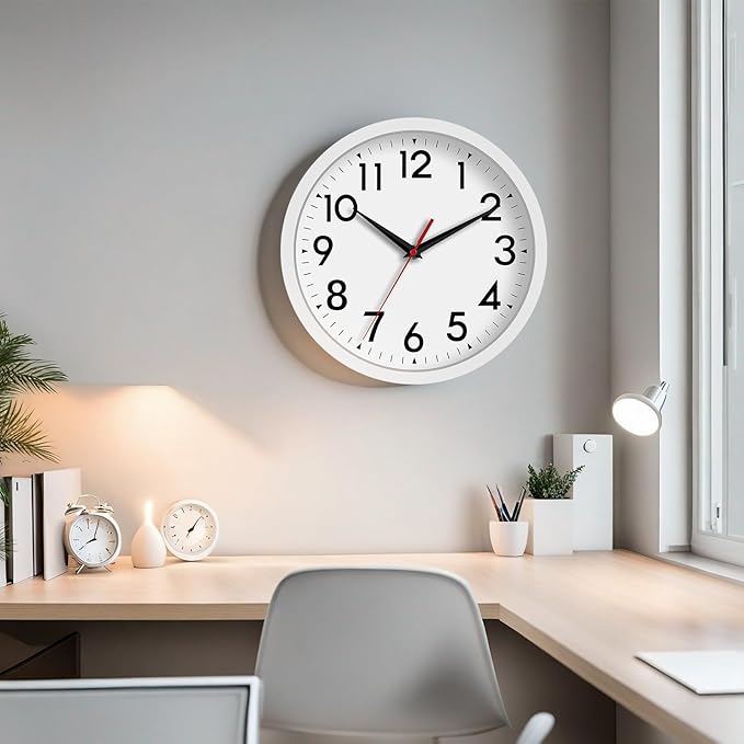 Wall Clock Modern Battery Operated 10 Inch Simpel Silent Non Ticking Analog Decorative for Kitchen Bathroom Bedroom Office Living Room School Classroom(White)