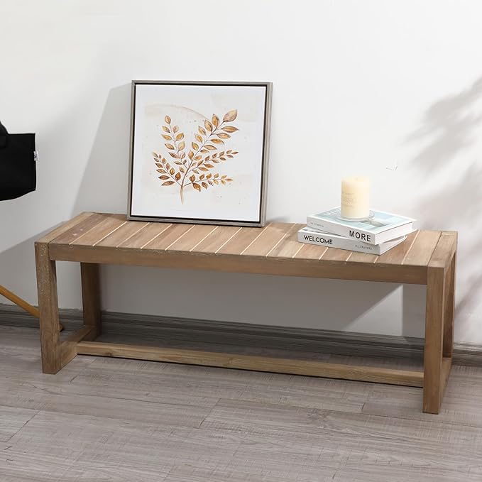 Wnutrees Farmhouse Solid Wood Bench, 43" Line Pattern Splicing Entryway Bench, Narrow Bench Seat for Living Room, Dining Room, Bathroom, Indoors, Natural
