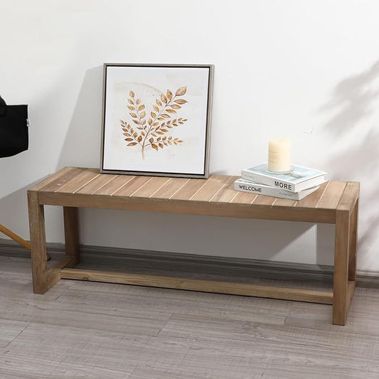 Wnutrees Farmhouse Solid Wood Bench, 43" Line Pattern Splicing Entryway Bench, Narrow Bench Seat for Living Room, Dining Room, Bathroom, Indoors, Natural