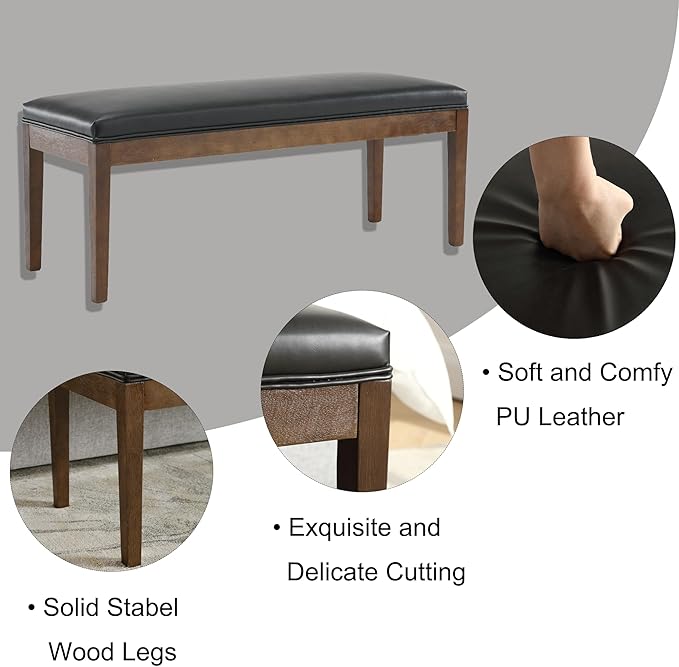 Upholstered Entryway Bench Modern Shoe Benches for Hallway Porch Bedroom Bench for End of Bed Dining Bench for Dining Table Dining Room Kitchen Window with Wood Legs, PU Leather, Black