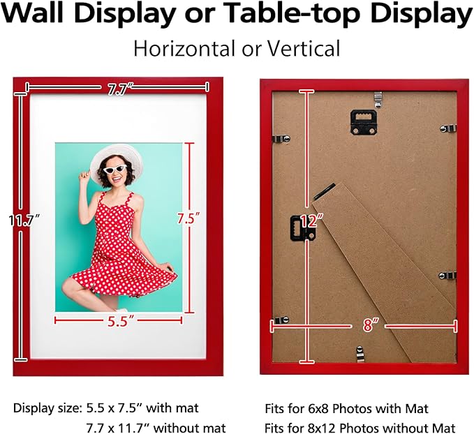 KINLINK 8x12 Picture Frames Red, Solid Wood Frames with Acrylic Plexiglass for 6x8 with Mat or 8x12 without Mat, Tabletop and Wall Display Photo Frame, 4 Pack