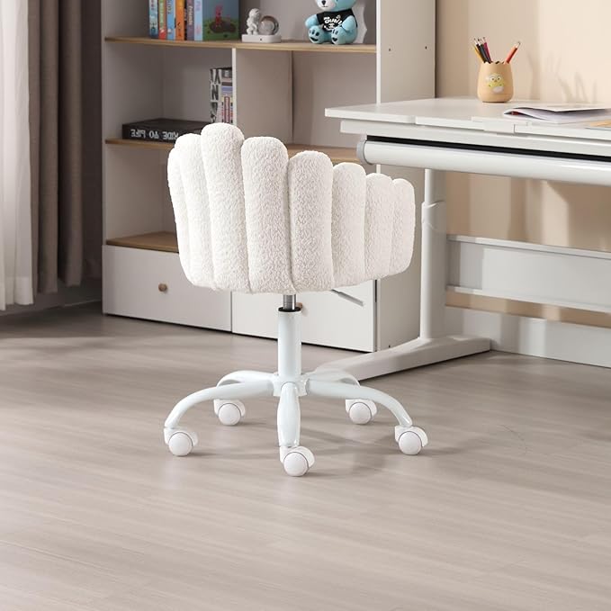 LukeAlon Kids Cute Swivel Desk Chair, Sherpa Child Study Chair with Rolling Wheels and Arms, Comfy Upholstered Height Adjustable Teen Vanity Chair for Home Bedroom School, White, XSXX403KC