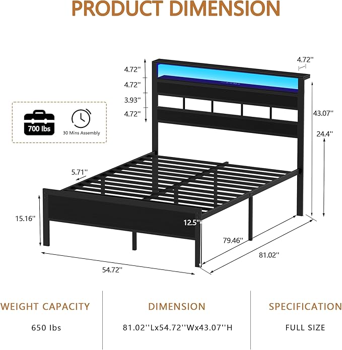 Furnulem Full Size Bed Frame with LED Light and Charging Station, Wood Storage Headboard with 2-Tier Shelves, Metal Platform Bed with Heavy Duty Slats Support, No Box Spring Needed, Black Oak