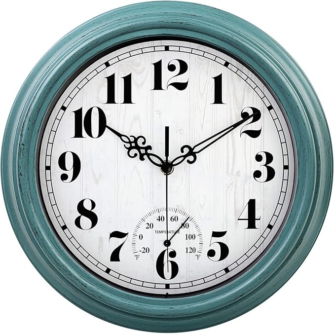 zyzamay 12 Inch Indoor Outdoor Clocks,Waterproof Wall Clock with Thermometer,Easy to Read,Non-Ticking Battery Operated Quality Quartz Clock, Decorative for Patio,Porch,Pool,Bathroom,Deck(Green)