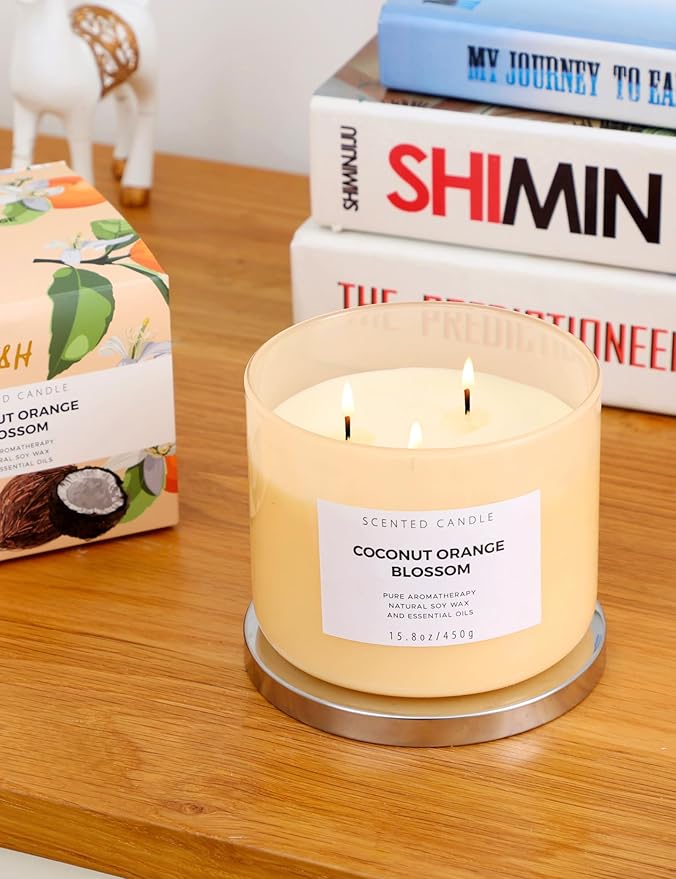Coconut Orange Blossom 3 Wick Candle | Highly Scented Soy Candles for Home 15.8 oz, Summer & Tropical Scented Candle | Aromatherapy Stress Relief Candle, Relaxing Clean Burning Candles for Women & Men