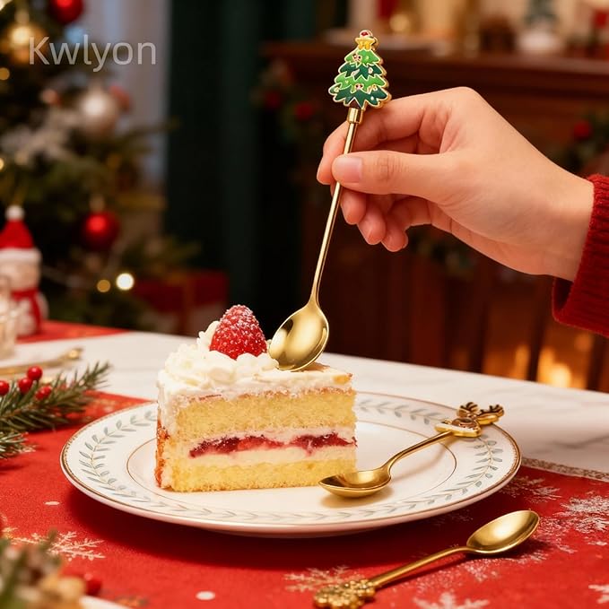 Christmas Teaspoon Gift Set of 4 |Premium 5.6 Inch Stainless Steel Small Spoon | Coffee Spoons for Dessert & Tea | Christmas Decorations Indoor & Kitchen Decor | Hostess Gifts