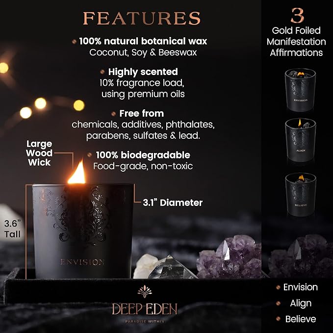 Scented Candle, Wood Wick, 7.4 Oz, Black - Luxurious, Powerful Manifestation Crystal Candle - Hand Poured with Natural Soy, Coconut and Beeswax - Essential Oils and Exotic Fragrance