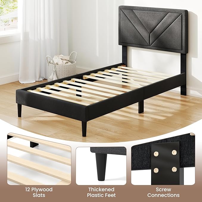 Giantex Twin Bed Frames with Headboard, Modern Upholstered Platform Bed Frame with Diagonal Channel Tufting Headboard, Wooden Slats Support, No Box Spring Needed, Gray