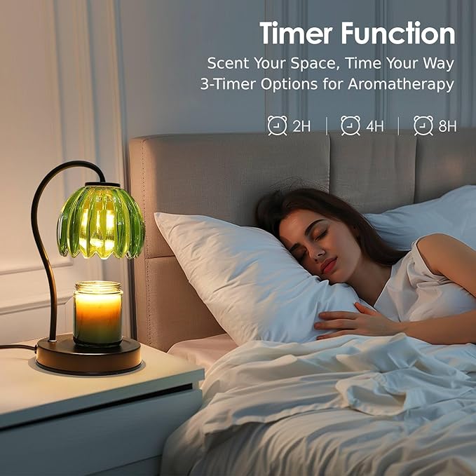 Dimmable Flower Candle Warmer Lamp with Timer, Aromatherapy Candle Lamp for Scented Candles, Modern Green Glass Candle Lamp Warmer Gifts for Her, Birthday/Housewarming/Back to School Gift