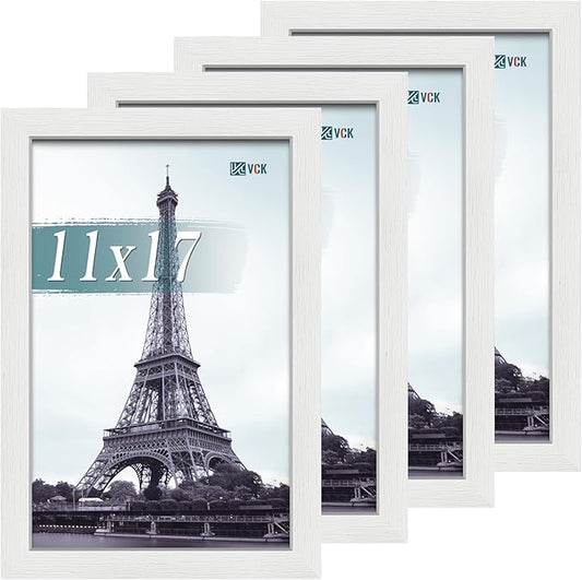 VCK 11x17 Picture Frame Set of 4 - White, Gallery-Quality Wood Poster Frames, 1.1-Inch Wide Border, Polished Plexiglass, Vertical or Horizontal Wall Display for Photo/Art/Prints, White