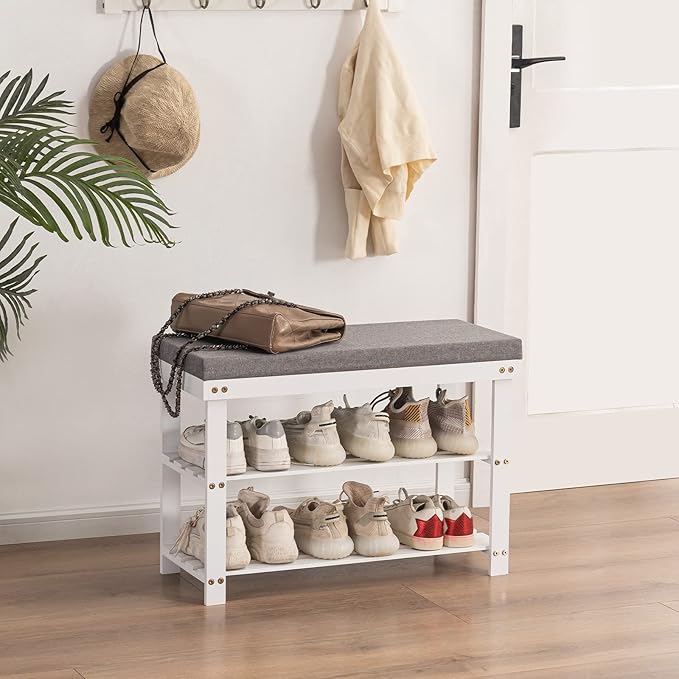Apicizon 3-Tier Shoe Rack for Entryway, Bamboo Shoe Bench with Cushion Padded Seat, Small Shoe Organizer with Storage for Indoor Entrance Hallway Bedroom Living Room, White