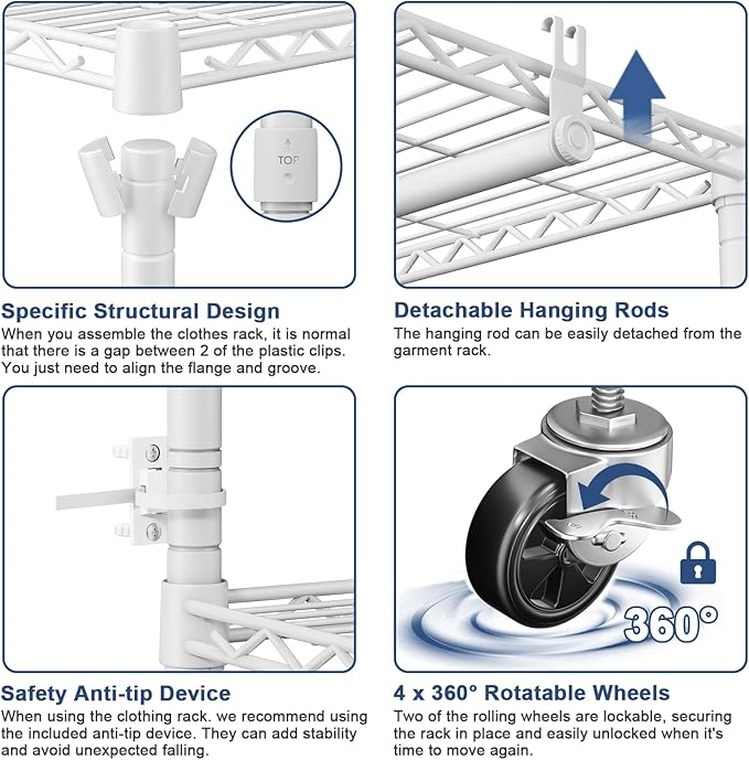P8C Heavy Duty Clothes Rack(With Extended Width Design) Rolling Clothing Racks for Hanging Clothes with Lockable Wheels,51.2" W x 15.8" D x 80.5" H,Max Load 700LBS,White Rack with Grey Cover