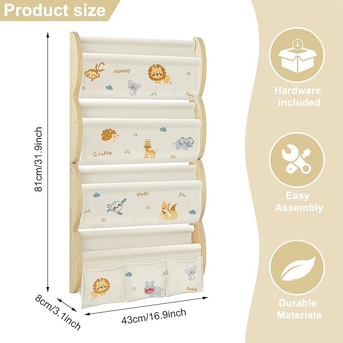 Wooden Wall Mounted Bookshelf for Kids Rooms, 4 Tier Floating Nursery Book Shelf, Kids Bookshelf with 2 Pockets, Toddler Sling Book Rack with Deep Sleeves (Jungle Animals)