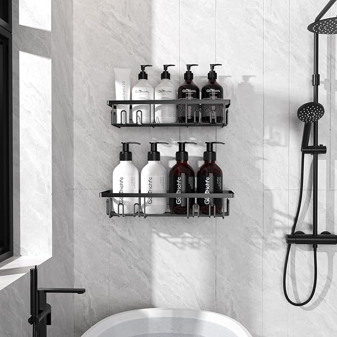 Adhesive Shower Caddy, Shower Shelves with 16 Hooks, Rustproof Shelf Wall Corner Racks for Inside Bath, No Drilling & Sleek Bathroom Organizers and Storage Caddies Soap Holder, 2 Pack