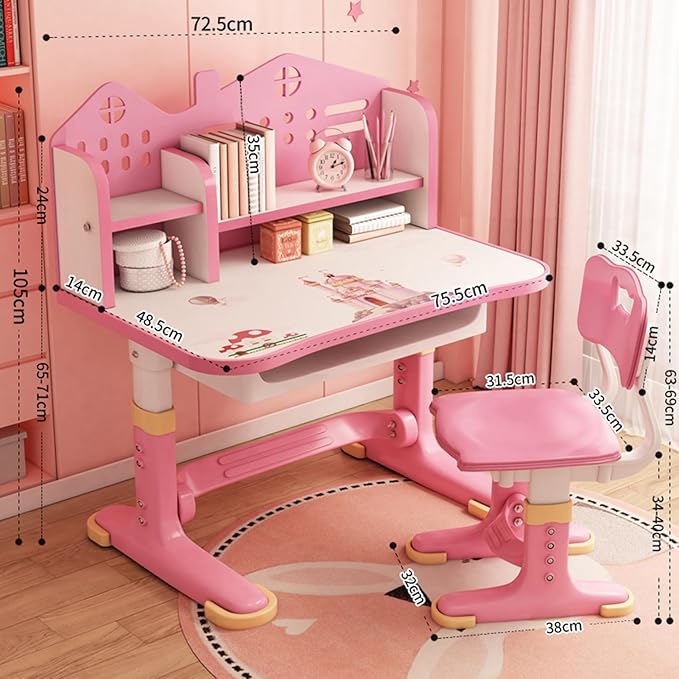 Kids Desk and Chair Set Adjustable School Study Desk with Castle Backboard, Wide Tabletop, Bookstand & Storage Drawer for Children's Room Pink (Pink)