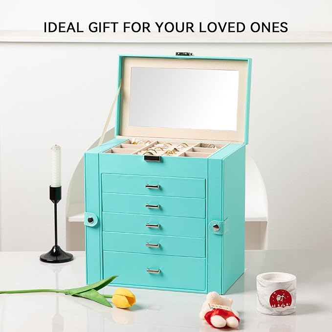 Frebeauty Large Jewelry Box,6-Tier PU Leather Jewelry Organizer,Multi-functional Storage Case with Mirror,Accessories Holder with 5 Drawers for Necklace Bracelets Watches(Turquoise)