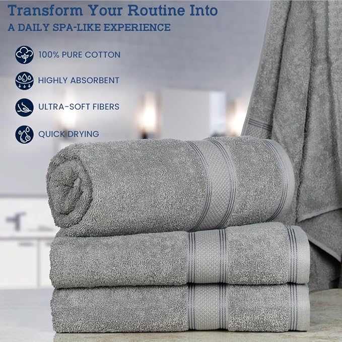 Casa Lino Silver Grey Bath Towels Set of 4 (54" x 27") - Large Bathroom Towel Set - 100% Cotton Towels for Bathroom - Highly Absorbent & Quick Dry Bath Towel Multipack - New Apartment Essentials