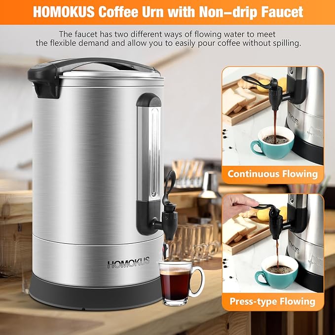 HOMOKUS Commercial Coffee Urn,14.2L Large Coffee Maker,100 Cup Double Wall Stainless Steel Coffee Dispenser,1500W Quick Brew Electric Coffee Percolator with Upgraded Internal Stage for Gathering