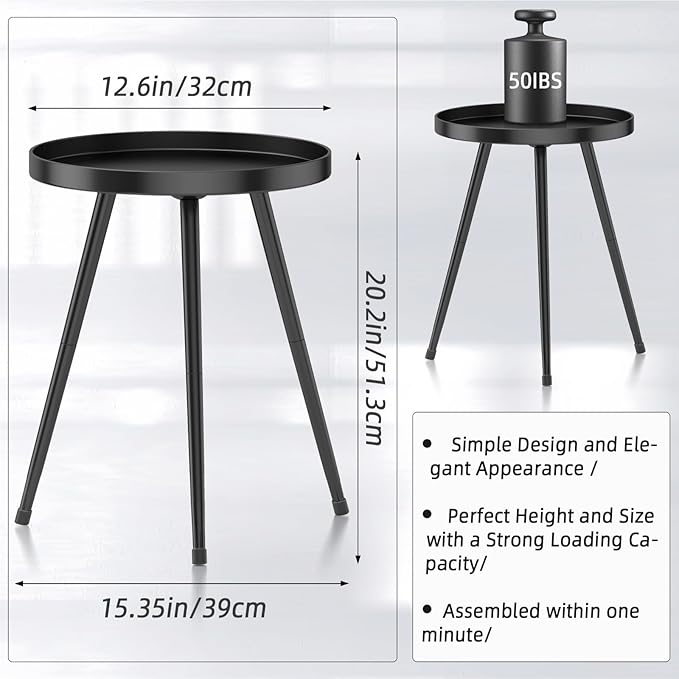 Stylish Round End Table - Small Side Table, Mini Metal Bedside Table for Living Room, Bedroom, Sofa Side - Modern Black Decor for Small Spaces