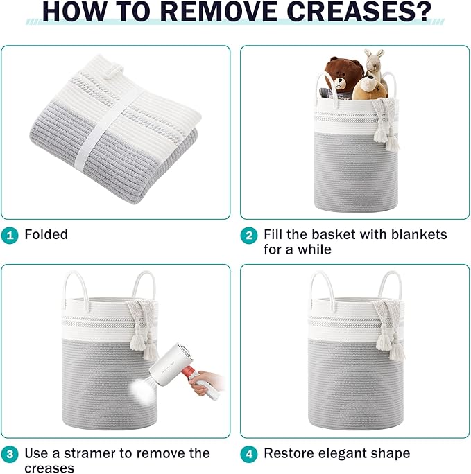 Woven Rope Laundry Hamper Basket, 58L Tall Luandry Basket, Baby Nursery Hamper for Blanket Storage, Clothes Hamper for Laundry in Bedroom-Grey