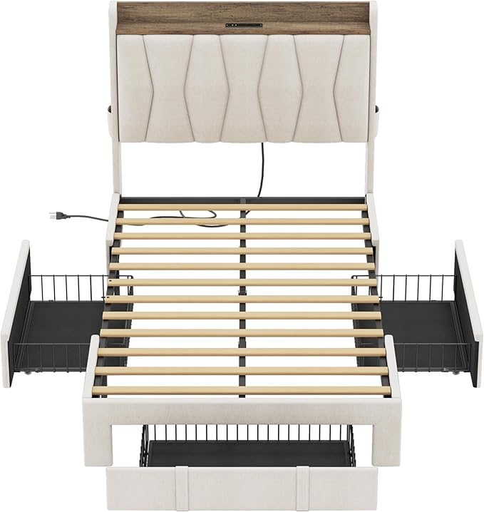 ANCTOR Twin Bed Frame with 3 Drawers, Upholstered Platform Bed with Storage Headboard and Charging Station, No Box Spring Needed, Easy Assembly, Beige