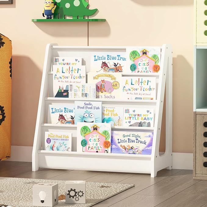 NACHES 4-Tier Fabric Kids Bookshelf, Large Capacity Montessori Sling Bookcase with 4 Deep Pockets, Magazine and Book Storage Rack for Nursery, Kids Room, Bedroom, Playroom (White)