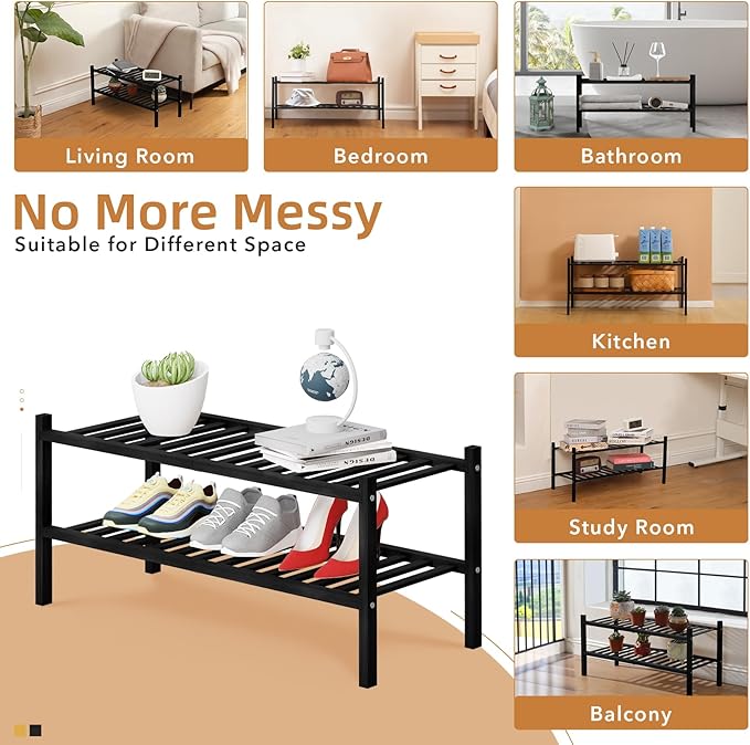 2 Tier Bamboo Shoe Rack Storage Organizer for Closet, Multifunctional Stackable Free Standing Shoe Shelf Organizer for Small Space,Entryway,Hallway,Bathroom 27"x11"x13" (Black, 2 Tier)