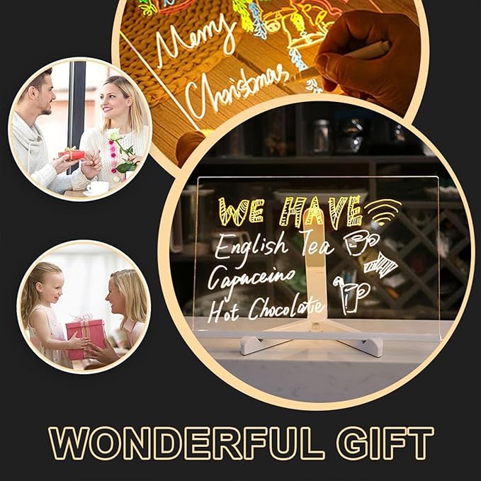 LED Note Board with Colors, Light Up Acrylic Message Board, Lighted Acrylic Dry Erase Board, Illuminated Acrylic Note Board with Colors Notepad with Adjustable Stand and 7 Pens(7.9" × 11.8")