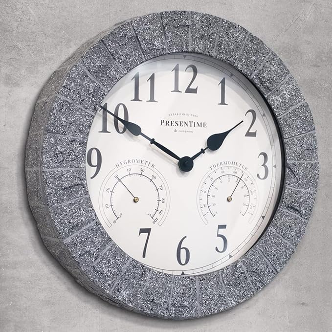Presentime & Co Sandstone Outdoor Clock with Thermometer & Hygrometer as All in one Weather Station, 14", Gray Sandstone Finish. Weather Thermometer, Outdoor Décor, Wall Décor.