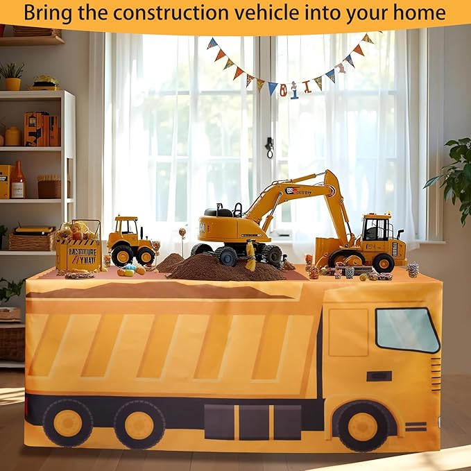 6Ft Construction Vehicle Table Cloth,Construction Birthday Decorations for Kids' Boys' Party Decorations, Baby Shower Birthday Party Supplies