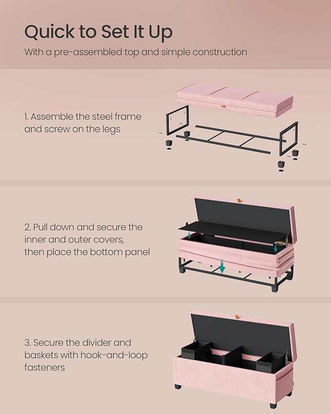 SONGMICS Storage Ottoman Bench, Storage Chest, 15.7 x 43.3 x 15.7 Inches, End of Bed Bench, 27 Gal. (103 L), for Bedroom, Entryway, Living Room, Jelly Pink ULSF533R01