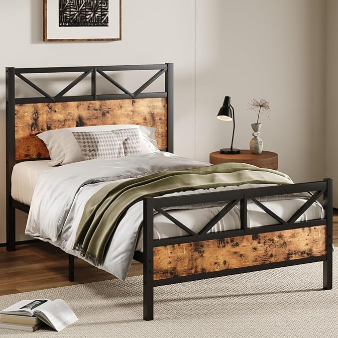 Twin Bed Frames, Bed Frame Twin Size with 51.2" Tall Industrial Headboard, Twin Size Patform Bed Frame with Solid Steel Slats Support, Noise Free, No Box Spring Needed, Easy Assembly, Rustic Brown