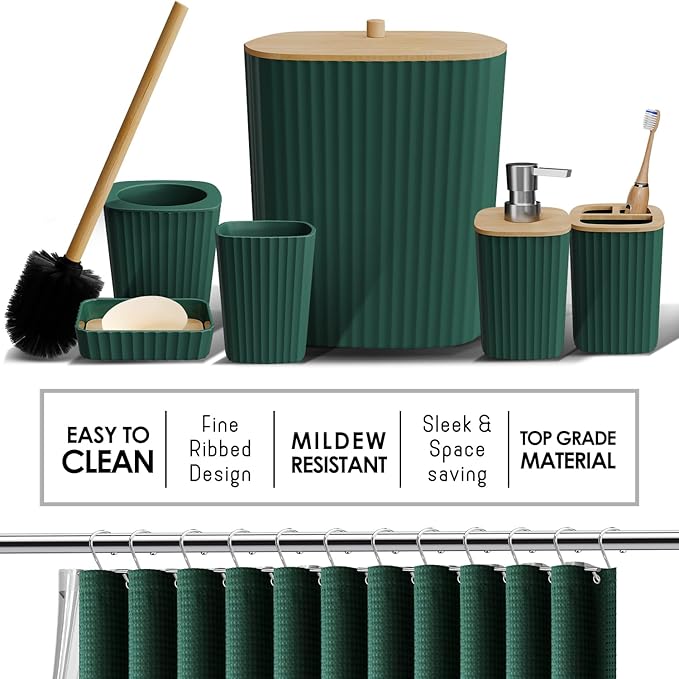 Shower Caddy and Bathroom Accessories Set 25PC Bathroom Accessory Set with Shower Shelf Caddy for Bathroom Storage, Green Shower Curtain Set, Toilet Brush, Trash Can, Soap Dispenser, Toothbrush holder