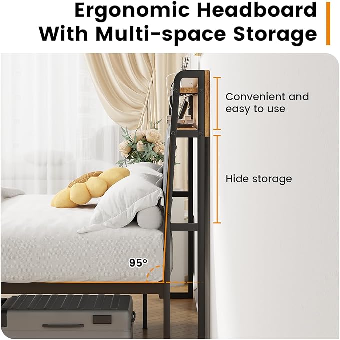 Winkalon Queen Bed Frame with Headboard, Bed Frame with Charging Station, Metal Platform Bed Frame Queen Size No Box Spring Needed, Modern Wood Upholstered Headboard and Under Bed Storage
