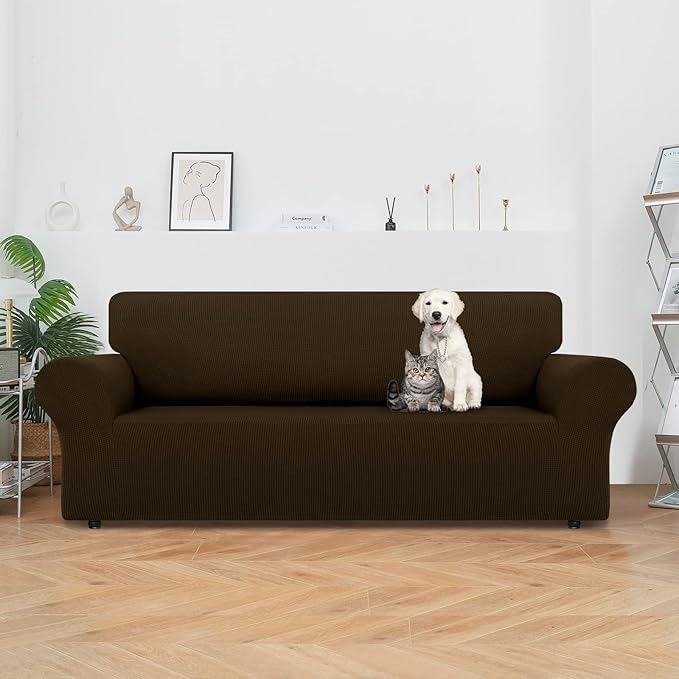 LURKA Stretch Sofa Slipcovers 1 Piece Couch Covers for 3 Cushion Couch Sofa Furniture Protector Full Sofa Covers with Elastic Bottom for Kids and Dog (Brown, Large)