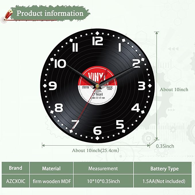 Wall Clocks,Record Wall Clock Decorative,Musical Black Kitchen Wall Clocks Battery Operated-10 Inch Round Bathroom Wall Clock Silent Non-Ticking