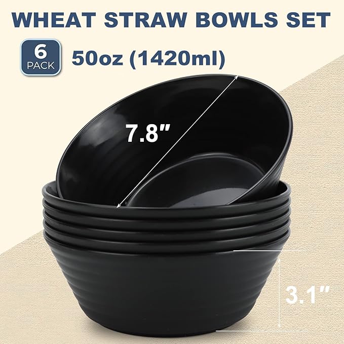 Wheat Straw Bowl Sets,6 PCS Unbreakable Big Cereal Bowl 50 OZ,Microwave and Dishwasher Safe Bowls,Alternative Plasic Bowl Reusable for Serving Soup,Oatmeal and Salad (Black)