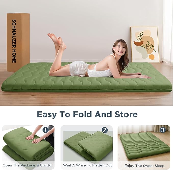 Japanese Floor Mattress, 100% High Density Comfortable Foam, 4" Thicken Foldable Mattress Tatami Mat Sleeping Pad, Ideal for Comfort and Support, Kids Floor Lounger Pillow Bed Sofa, Green, Queen