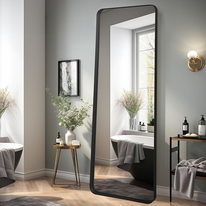 Rectangle Mirror Full Length 21" x 64" Large Floor Mirror Black Metal Deep Frame Wall Mounted Hanging for Home Decor Leaning Wall Full Body Dressing Mirror for Closet Bedroom