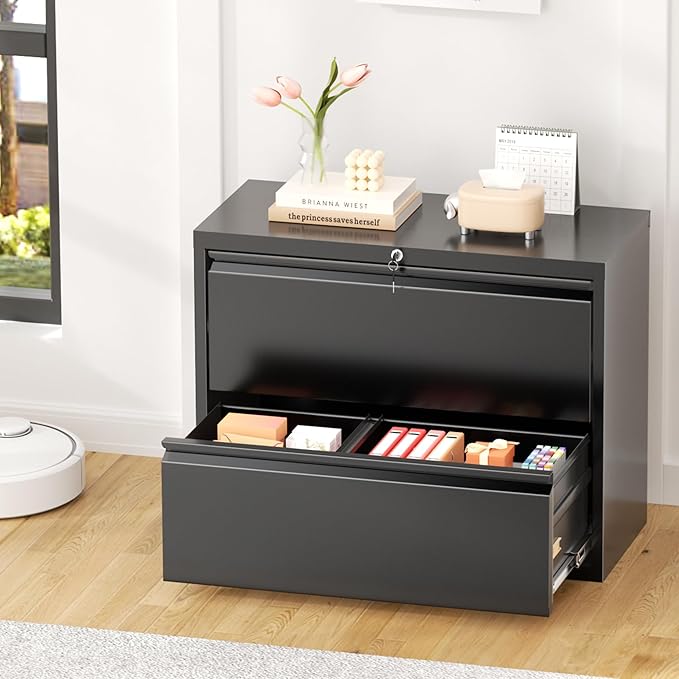 Greenvelly Lateral File Cabinet 2 Drawer, Lockable Metal Filing Cabinet for Home Office, Black Metal File Cabinet with Lock for Legal/Letter/A4/F4 Size with Hanging Bars&Key