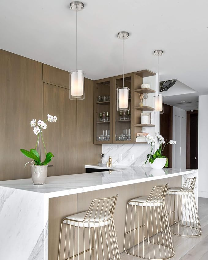 1-Light Pendant Light, Indoor Glass Hanging Light Fixture, Adjustable Height, Brushed Nickel Finish for Kitchen Dining Room, KP-506