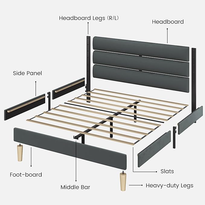 Queen Bed Frame, Platform Bed Frame with Velvet Upholstered Headboard, No Box Spring Needed, Sturdy Metal Support, Noise Free, Easy Assembly, Modern Bedroom Furniture, Grey