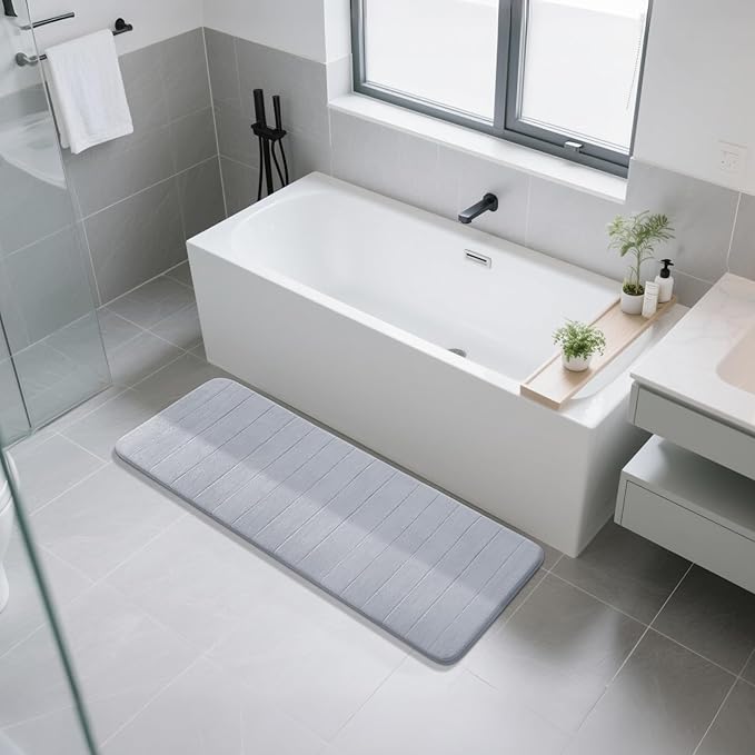 Yimobra Bathroom Runner 60"x24", Non Slip Memory Foam Bath Mat, Super Soft Water Absorbent Hallway Carpet, Machine Washable Rug for Vanity Tub Shower, Silver