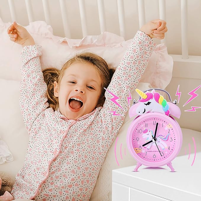 Unicorn Alarm Clock for Girls Kids, Cute Bedroom Decoration, Non Ticking Silent Second Hand, w/Backlight Super Loud Twin Bell, for Kids Unicorn Gifts (Pink)
