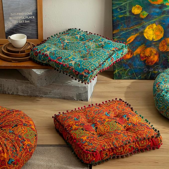 vctops Boho Cotton Linen Square Chair Seat Cushions for Dining Kitchen Office Chairs Super Soft Printed Chair Pads with Pompom Fringe (Blue,16"x16")