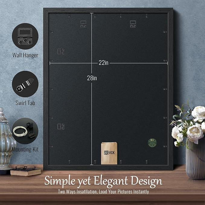 VCK 22x28 Poster Frame Set of 4 - Black, Gallery-Quality Wood Picture Frames, 1.1-Inch Wide Border, Polished Plexiglass, Vertical or Horizontal Wall Display for Photo/Art/Prints, Black
