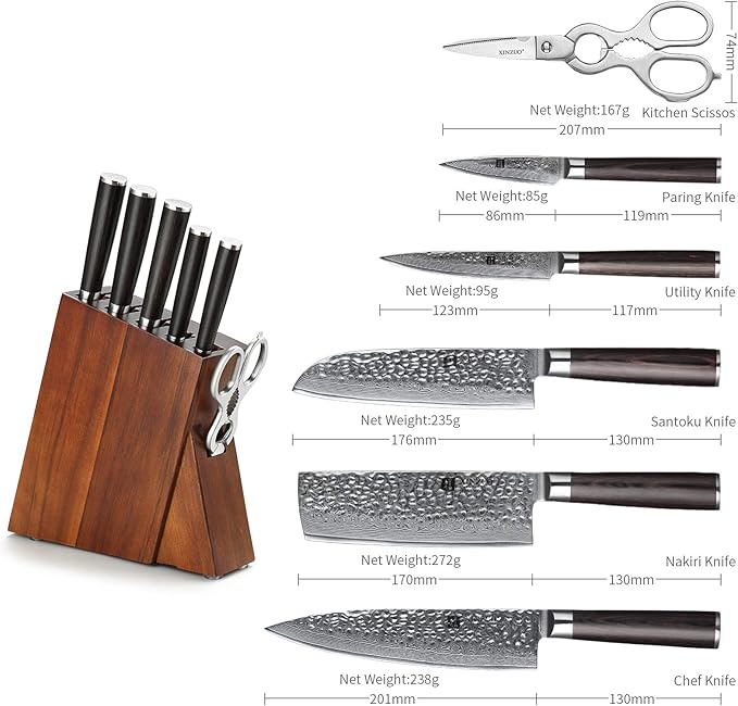 XINZUO 7-Piece Knife Block Set, Super Damascus Steel Kitchen Knife Set with Block,Professional Knife Set for Chefs&Home Cooking,Pakkawood Handle,Chef Gift Box-He Series