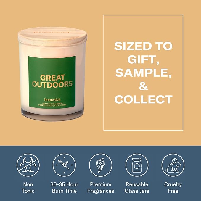 Homesick Scented Candles for Home (Great Outdoors) - 7.5 oz Long-Lasting Natural Soy Wax Blend Jar Candle Gift for Women & Men for All Occasions, 30-35 Hours Burn Time - Notes of Patchouli & Cypress