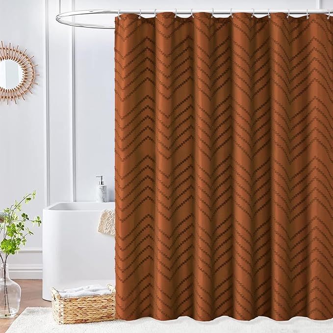 Extra Long Orange Boho Shower Curtain 84 inch Shower Curtain, Tufted Chevron Striped Modern Chic Textured Minimalist Bathroom Shower Curtain