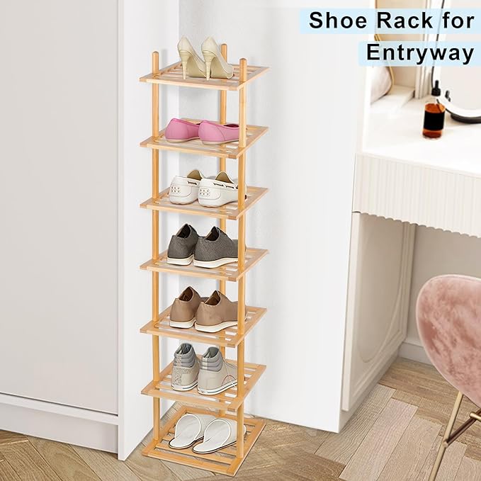 7-Tier Shoe Rack for Closet, Shoes Organizer Free Standing Shelf Entryway and Closet Hallway, Small Space Stackable Bamboo Multifunctional Racks Shoe Storage